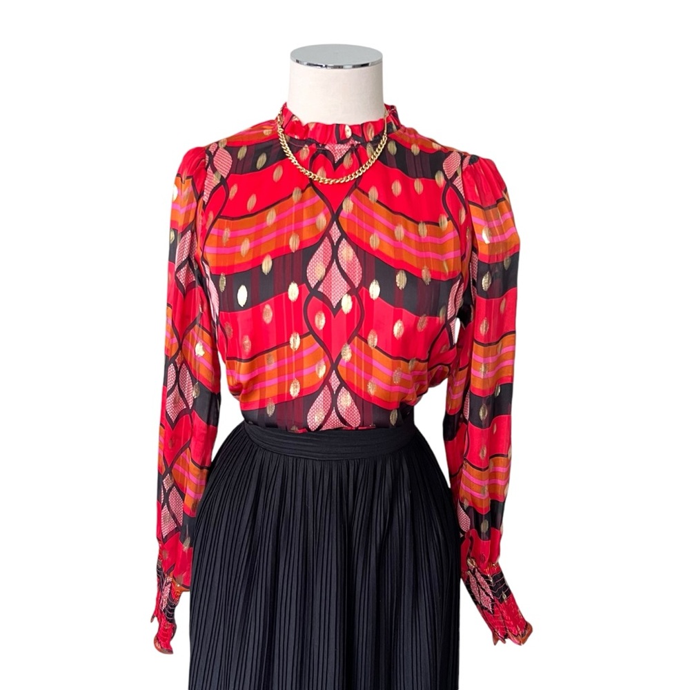 New JOIE Multicolored Ruffle Mandarin Collar Puff Sleeve Blouse Gold Accent Sz M - Picture 12 of 12